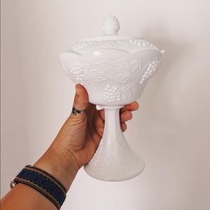Indiana white milk glass grape harvest pedestal covered candy compote